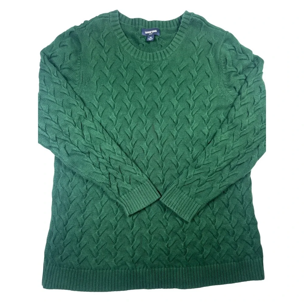Lands' End Sweater Mens 1X Green Cotton Cable Knit Crewneck Long Sleeve Pullover